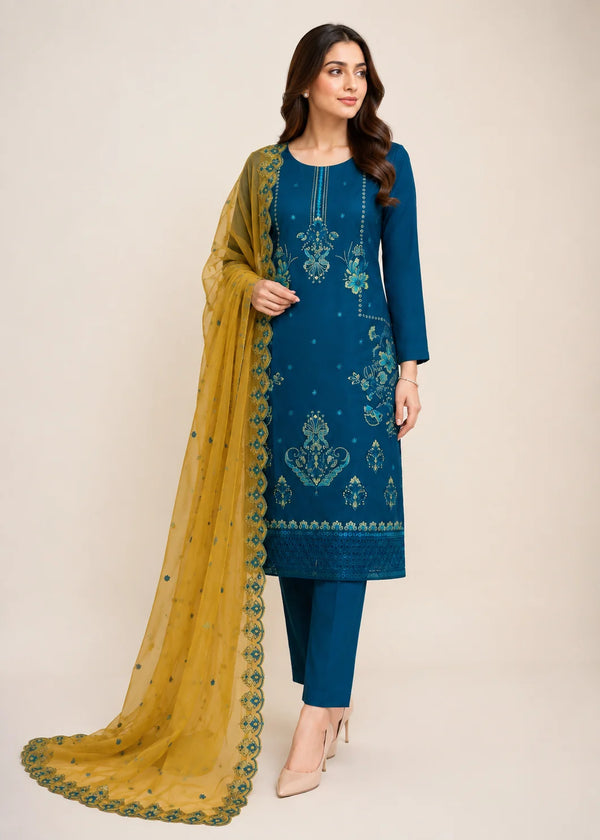 Teal Embroidered Linen Kurta Set with Chiffon Dupatta