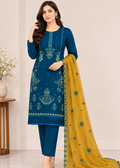 Teal Embroidered Linen Kurta Set with Chiffon Dupatta
