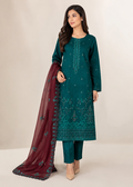 Embroidered Teal  Linen Kurta Set with Brown Chiffon Dupatta