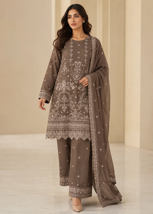 Caramel Glow – Premium Embroidered Chiffon 3PC Set