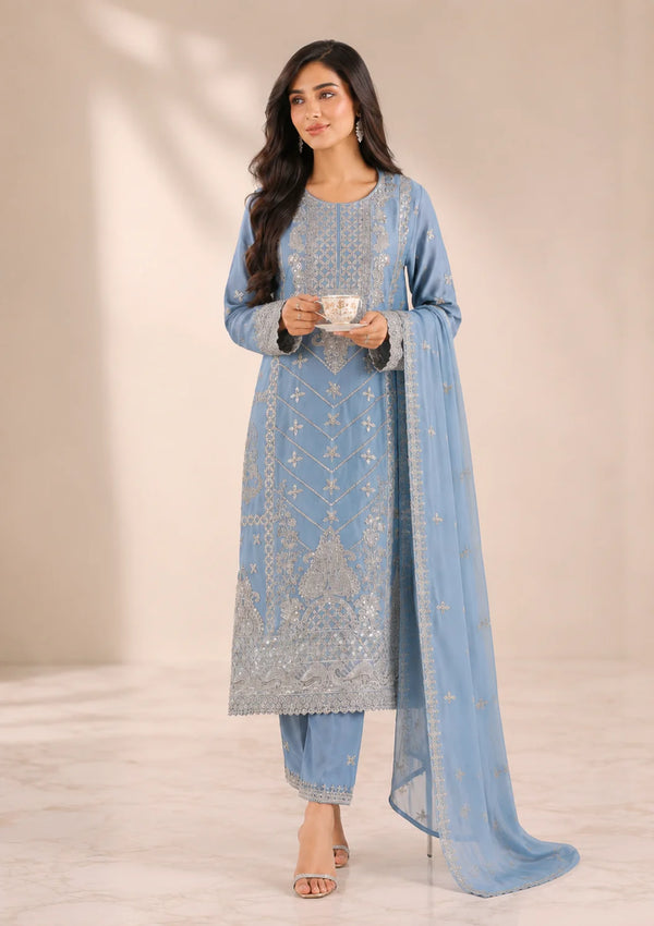 Powder Blue Glow – Luxury 3PC Chiffon Outfit