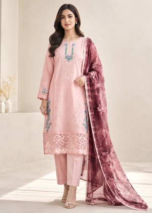 Embroidered Salmon Lawn Kurta Set with Printed net Dupatta
