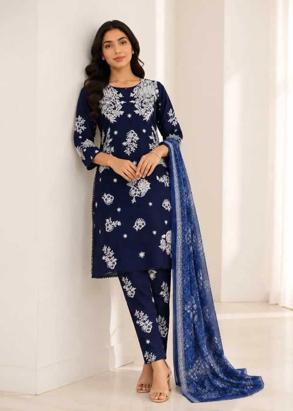 Royal Blue Embroidered Cotton Kurta Set with Printed Net Dupatta