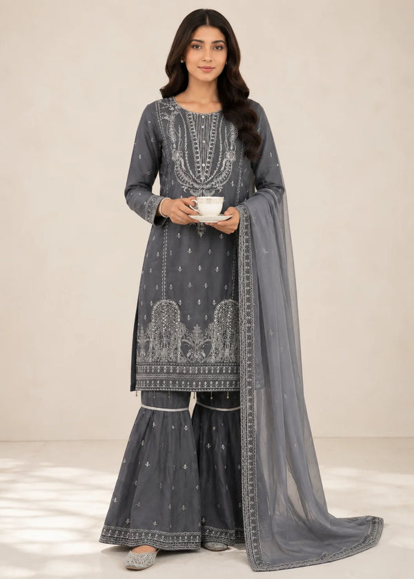 Grey Royale – Premium 3PC Chiffon Gharara Suit