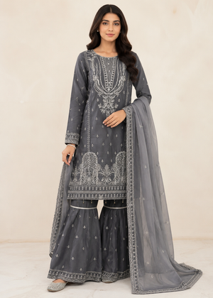Grey Royale – Premium 3PC Chiffon Gharara Suit