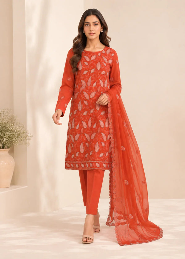 Rust Orange Embroidered Kurta Set with Dupatta