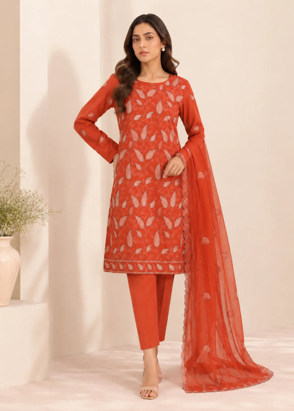 Rust Orange Embroidered Kurta Set with Dupatta