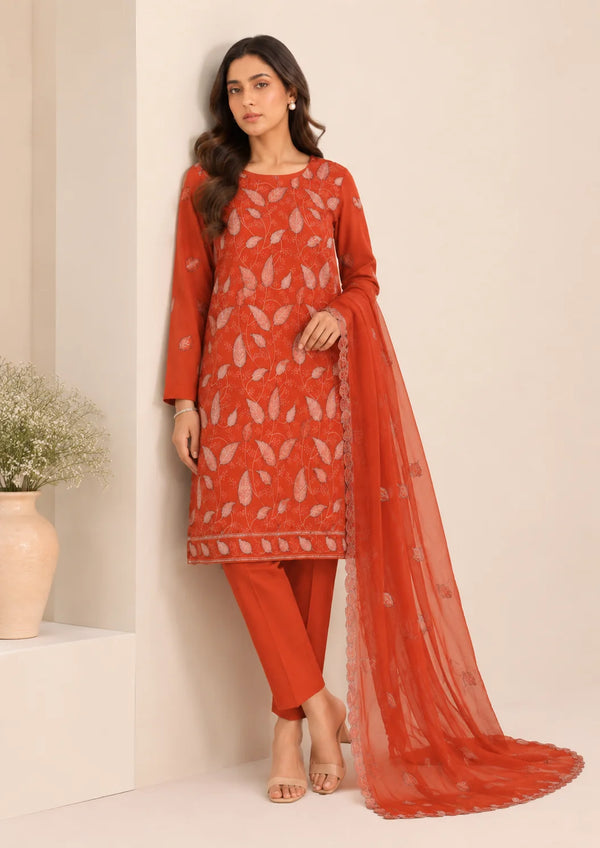 Rust Orange Embroidered Kurta Set with Dupatta