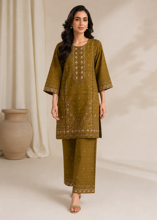 Elegant Olive Green Embroidered Jacquard Kurta Set with Plazzo