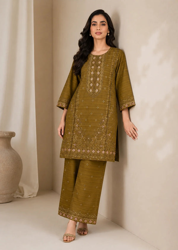 Elegant Olive Green Embroidered Jacquard Kurta Set with Plazzo