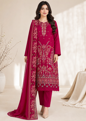 Crimson Embroidered bana Dora Kurta Set with Printed Lawn Dupatta