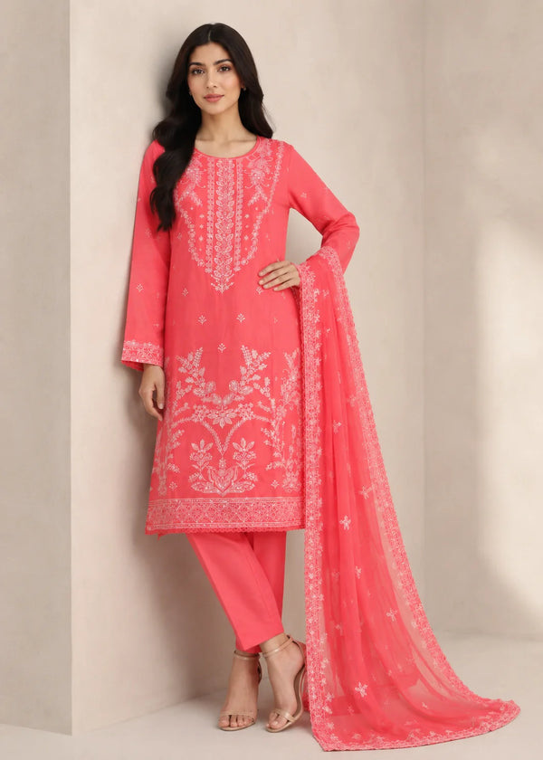 Coral Pink Embroidered Lawn Kurta Set