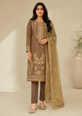 Tan Brown Embroidered Lawn  Kurta Set with Chiffon Dupatta