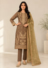 Tan Brown Embroidered LawnKurta Set with Chiffon Dupatta