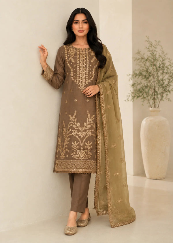 Tan Brown Embroidered LawnKurta Set with Chiffon Dupatta