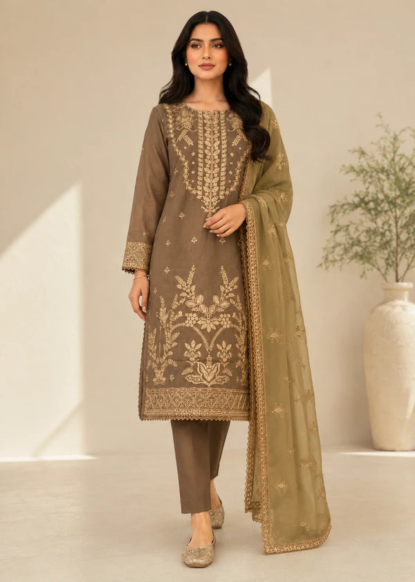 Tan Brown Embroidered LawnKurta Set with Chiffon Dupatta