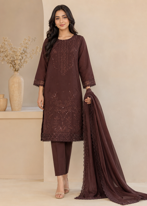 Brown Embroidered Kurta Set with Chiffon Dupatta