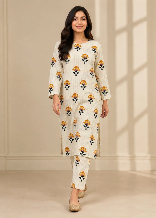 2 Pc Floral Printed Off-White lawn 2-Piece Co-ord Set