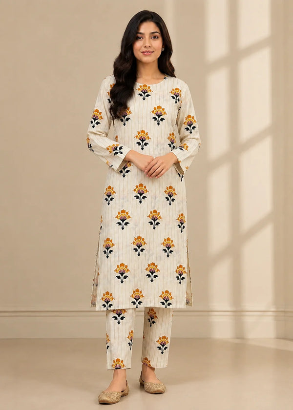 2 Pc Floral Printed Off-White lawn 2-Piece Co-ord Set