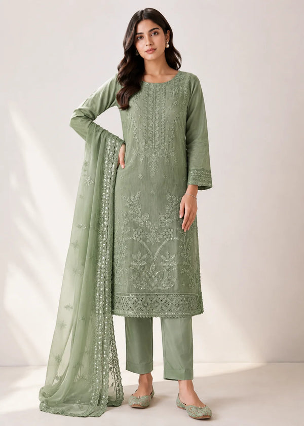ForestGreen Embroidered Lawn Kurta Set with Trousers & Dupatta