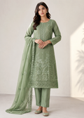 Forest  Green Embroidered Lawn Kurta Set with Trousers & Dupatta