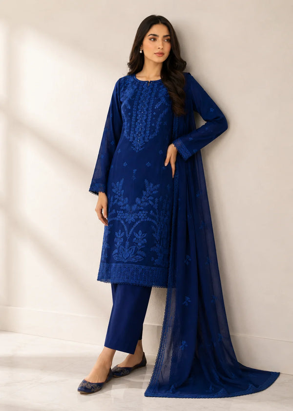 Embroidered Blue Lawn Kurta Set with Chiffon Dupatta