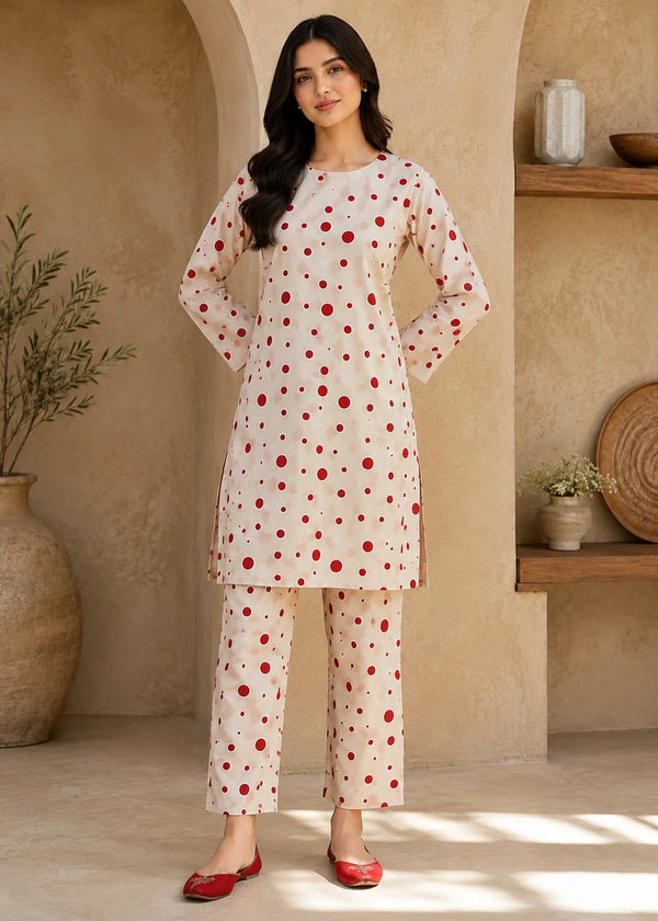 Beige& Red Polka Dot Embroidered Lawn Co-Ord Set