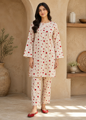 Beige  & Red Polka Dot Embroidered Lawn Co-Ord Set