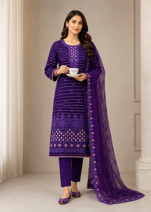 Premium Embroidered Linen 3PC Suit with Chiffon Dupatta