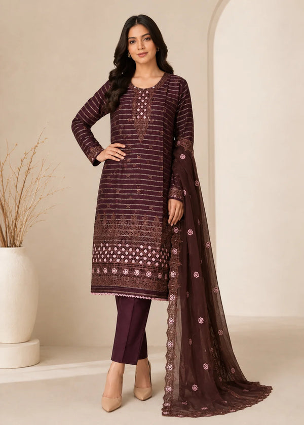 Espresso Aura – Brown Premium Embroidered Linen 3PC Suit with Chiffon Dupatta