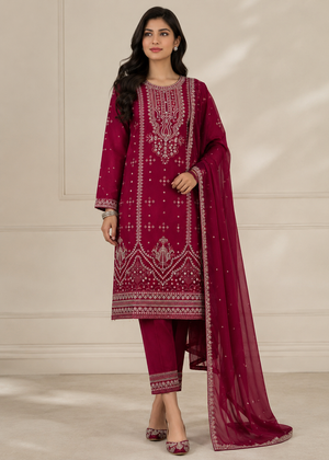 Deep Maroon Charm – Premium 3 Piece Chiffon Set