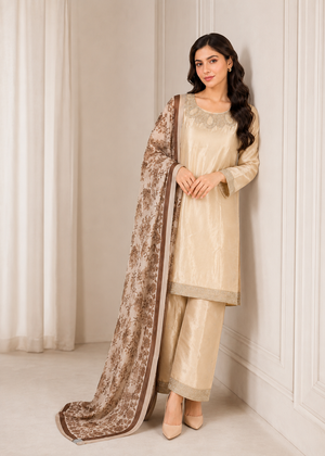 Beige Embroidered Raw Silk Kurta Set with Printed Dupatta