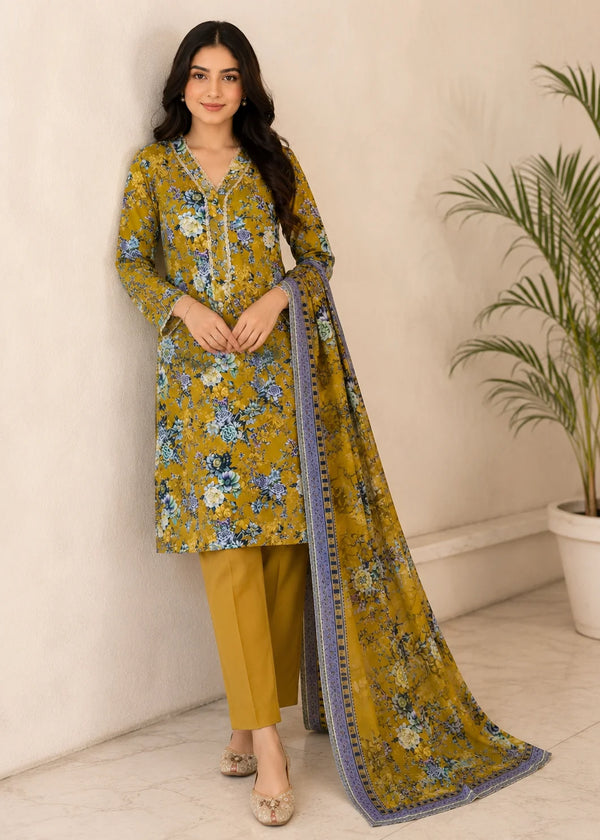 Mustard Floral Printed Lawn Kurta Set with Dupatta