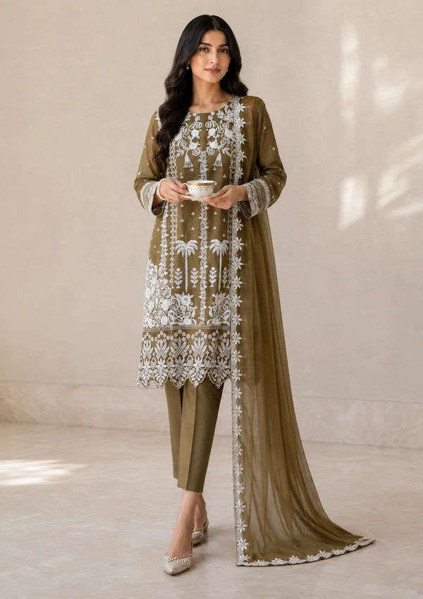 Olive Embroidered Chiffon Kurta Set with Dupatta