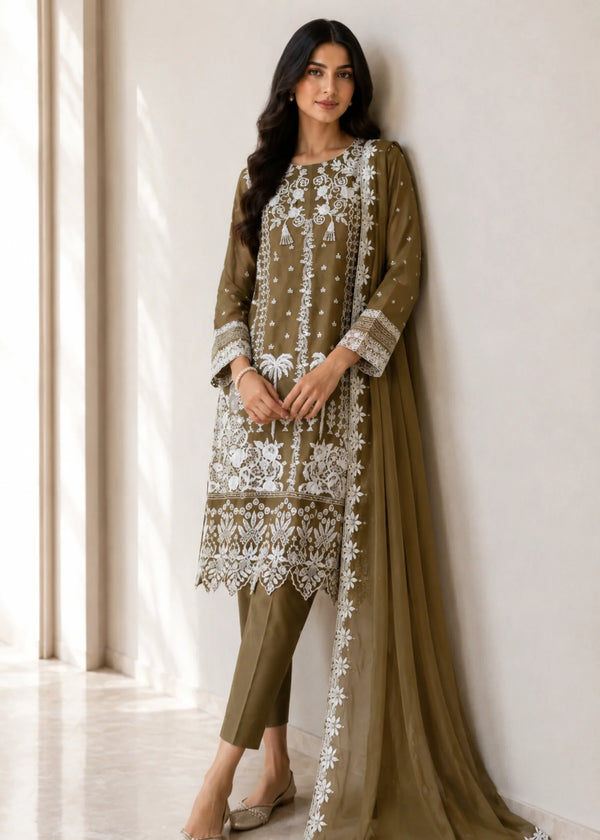 Olive Embroidered Chiffon Kurta Set with Dupatta