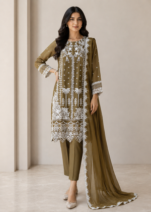 Olive Embroidered Chiffon Kurta Set with Dupatta