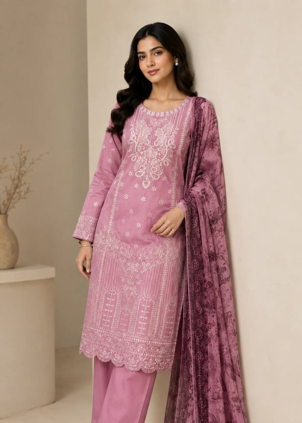 Mauve Embroidered Cotton Kurta Set with Printed Net Dupatta