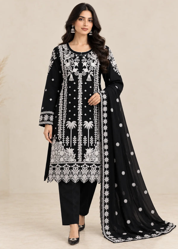 Elegant Black Embroidered Chiffon Kurta Set