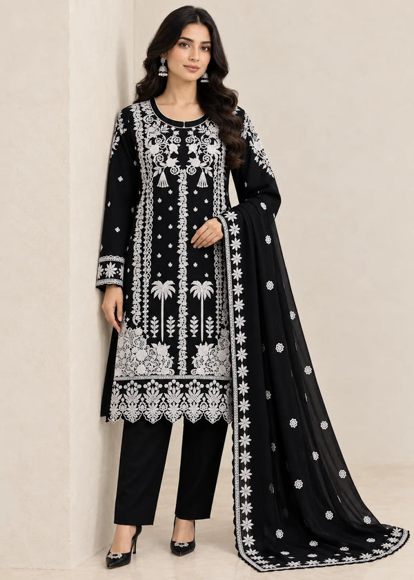 Elegant Black Embroidered Chiffon Kurta Set