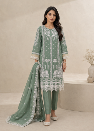 Sea Green Embroidered Chiffon Kurta Set with Dupatta