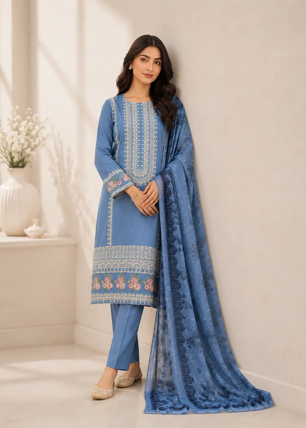 Sky Blue Embroidered Kurta Set with Printed Net Dupatta