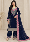 Embroidered Blue Kurta Set with Chiffon Trousers and Chiffon Dupatta