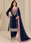 Embroidered Blue Kurta Set with Chiffon Trousers and Chiffon Dupatta