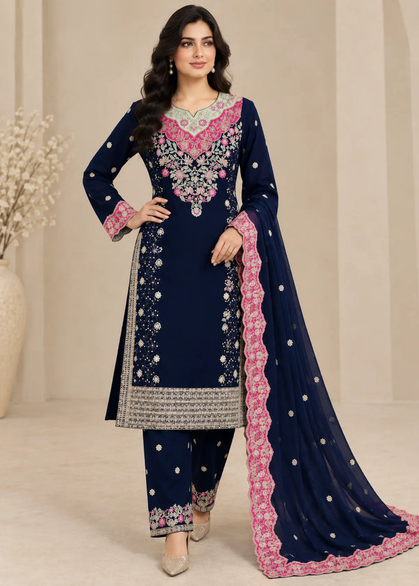 Embroidered Blue Kurta Set with Chiffon Trousers and Chiffon Dupatta