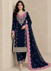 Embroidered Blue Kurta Set with Chiffon Trousers and Chiffon Dupatta