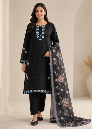Elegant Black Embroidered Kurta Set with Printed Net Dupatta