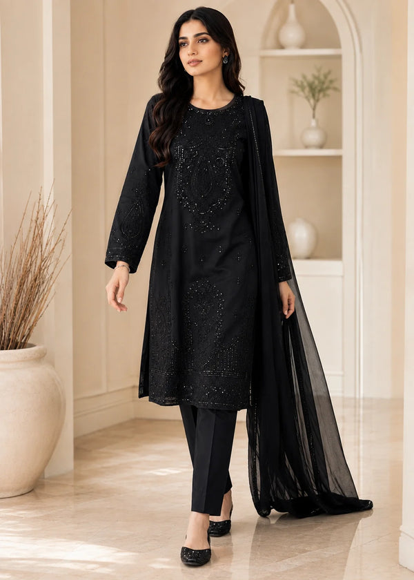 Elegant Black Embroidered Kurta Set with Chiffon Dupatta
