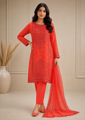 Coral Orange Sequin Embroidered Chiffon Kurta Set