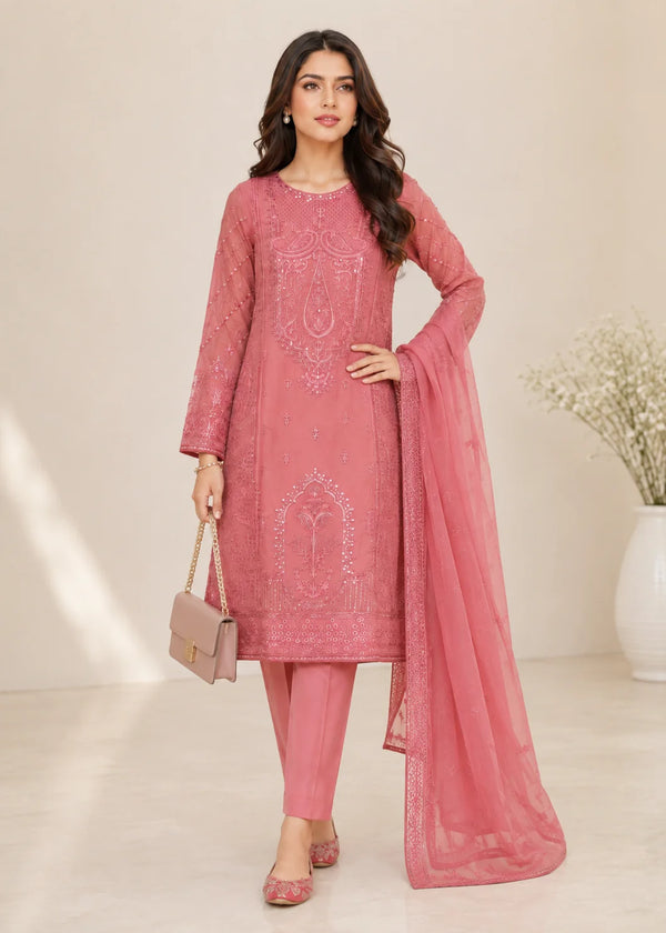 Rose Pink Embroidered Chiffon Kurta Set with Sequins