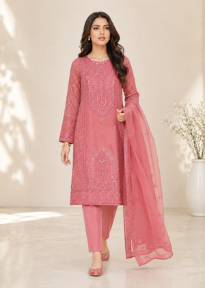 Rose Pink Embroidered Chiffon Kurta Set with Sequins